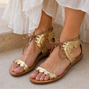 Loeffler Randall Size 9.5 Gold Leather Scalloped Lace-Up Gladiator Flat Sandals
